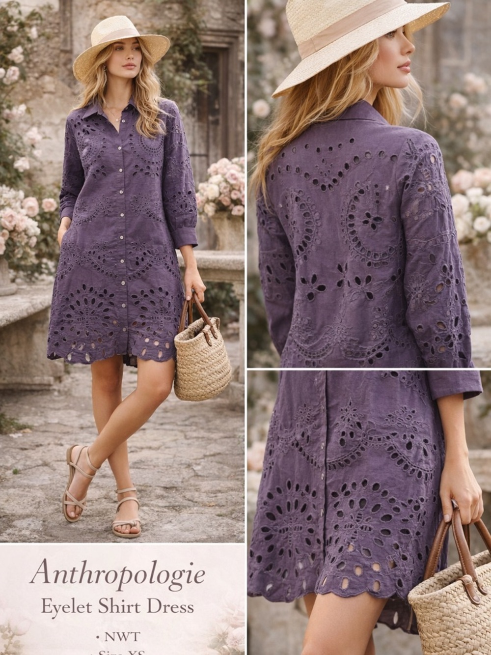 Anthropologie Eyelet Shirt Dress Purple XS NWT Boho Embroidered